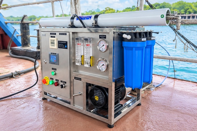 เครื่องกรองน้ำทะเลเป็นน้ำจืด Pureflow SWRO2000L1-T บนเรือ