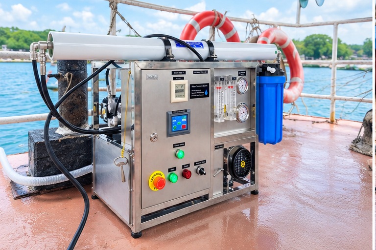 ระบบผลิตน้ำจืดจากน้ำทะเล Pureflow SWRO2000L1-T ติดตั้งบนเรือ