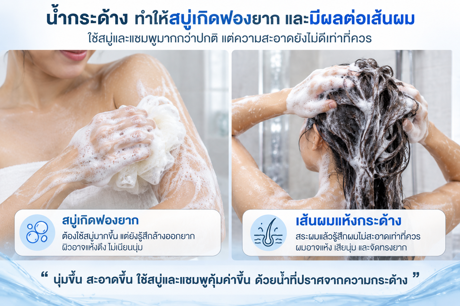 ผลของน้ำกระด้างต่อการใช้สบู่และการสระผม