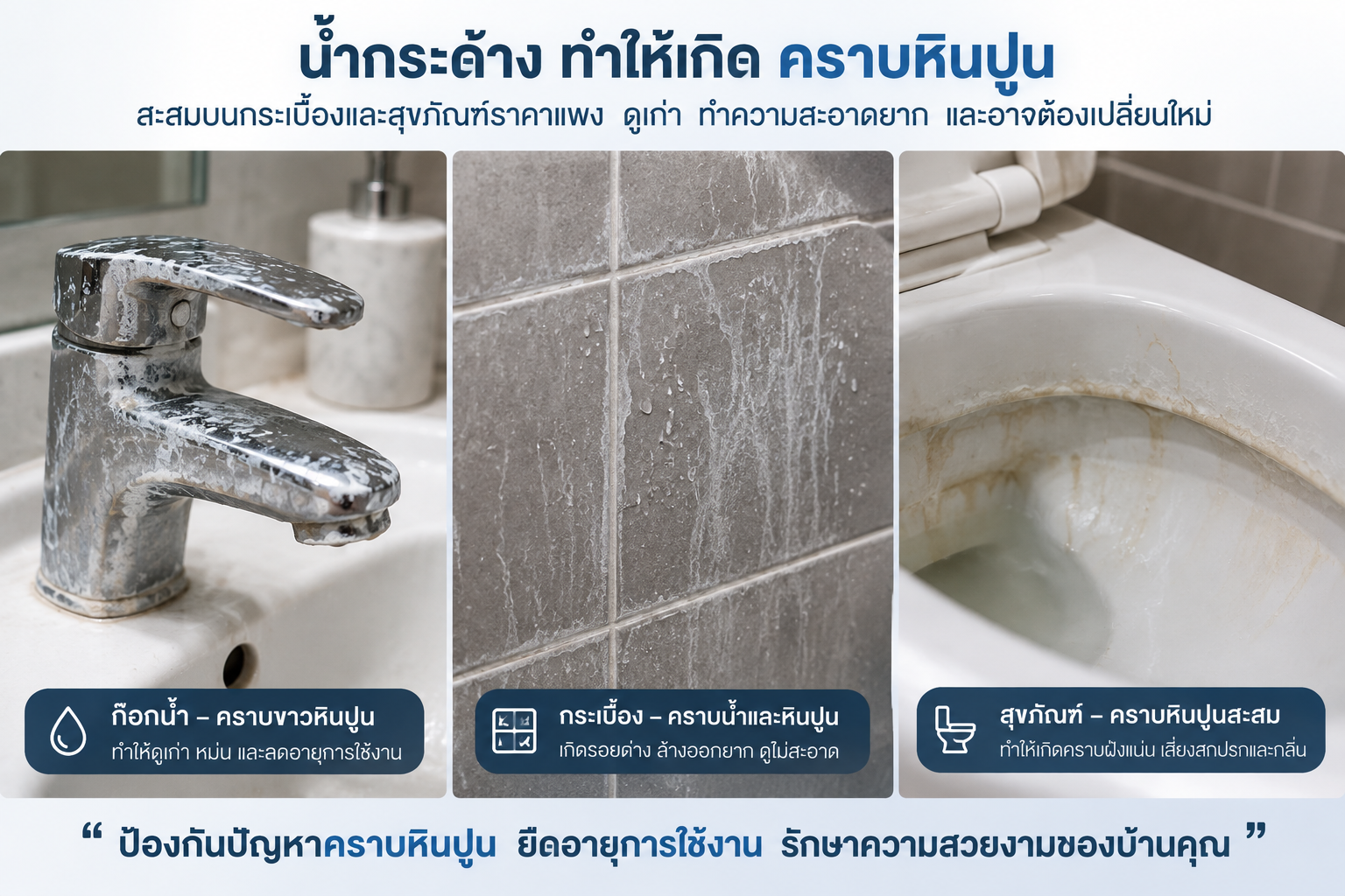 คราบหินปูนจากน้ำกระด้างบนก๊อกน้ำ กระเบื้อง และสุขภัณฑ์